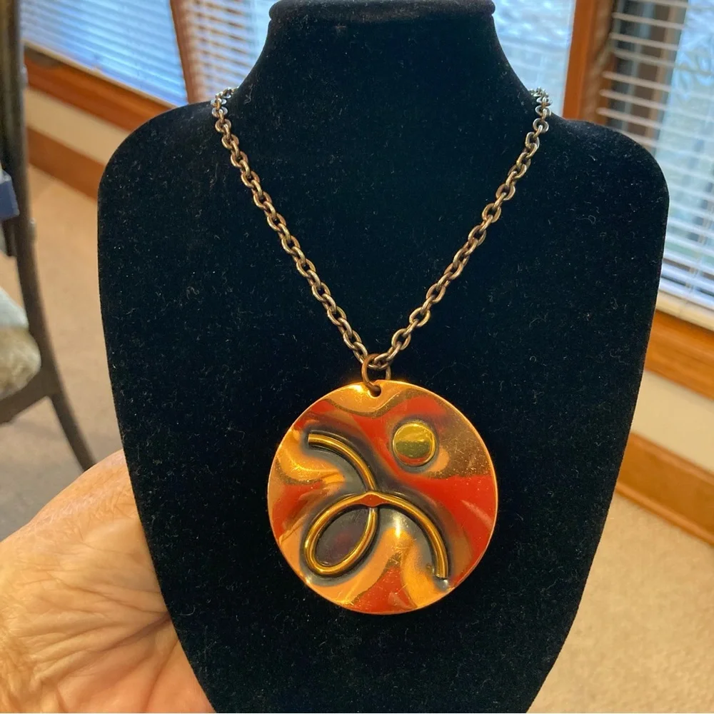VTG Modernist Round Swirl Copper Pendant Necklace